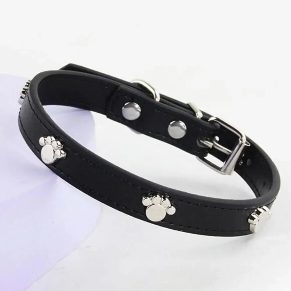 Premium PU Leather Durable Adjustable Dog Collar‎ with Paw Decoration Large